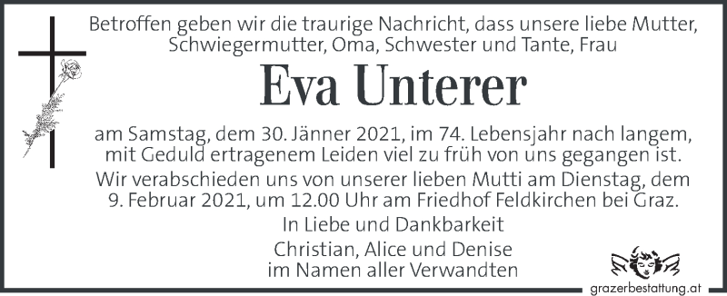  Traueranzeige für Eva Unterer vom 05.02.2021 aus Kleine Zeitung