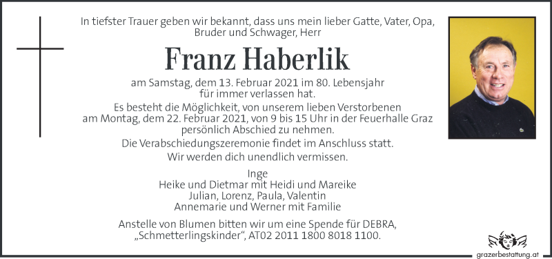  Traueranzeige für Franz Haberlik vom 18.02.2021 aus Kleine Zeitung