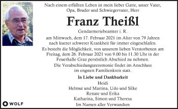 Traueranzeige von Franz Theißl von Kleine Zeitung