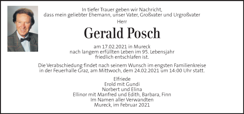  Traueranzeige für Gerald Posch vom 20.02.2021 aus Kleine Zeitung