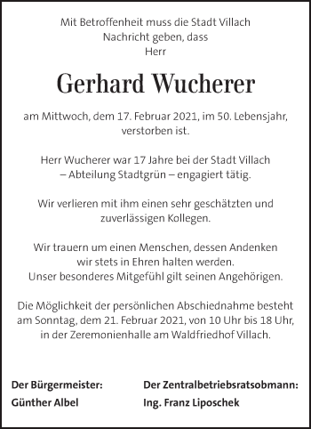 Traueranzeige von Gerhard Wucherer von Kleine Zeitung