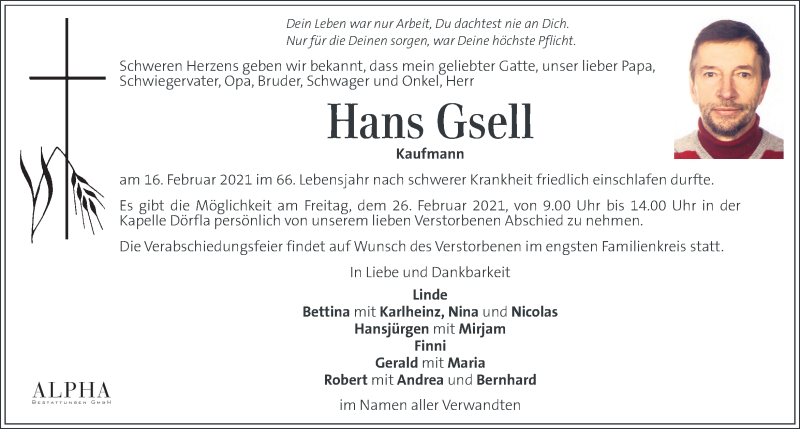  Traueranzeige für Hans Gsell  vom 21.02.2021 aus Kleine Zeitung