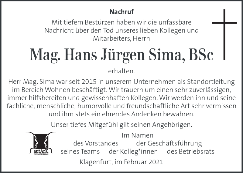  Traueranzeige für Hans Jürgen Sima vom 13.02.2021 aus Kleine Zeitung