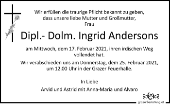 Traueranzeige von Ingrid Andersons von Kleine Zeitung