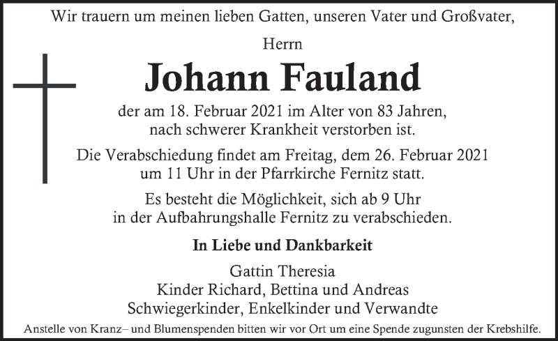  Traueranzeige für Johann Fauland vom 24.02.2021 aus Kleine Zeitung