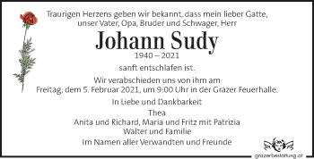 Traueranzeige von Johann Sudy  von Kleine Zeitung