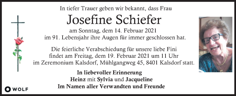  Traueranzeige für Josefine Schiefer  vom 17.02.2021 aus Kleine Zeitung