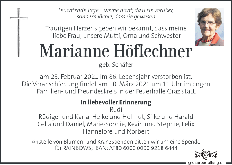  Traueranzeige für Marianne Höflechner vom 28.02.2021 aus Kleine Zeitung