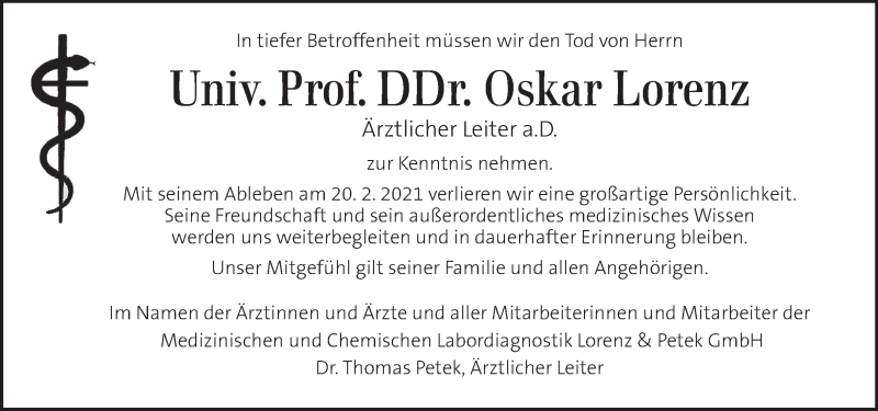  Traueranzeige für Oskar Lorenz vom 28.02.2021 aus Kleine Zeitung