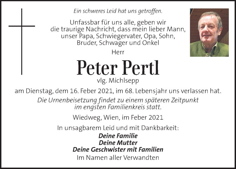  Traueranzeige für Peter Pertl vom 20.02.2021 aus Kleine Zeitung