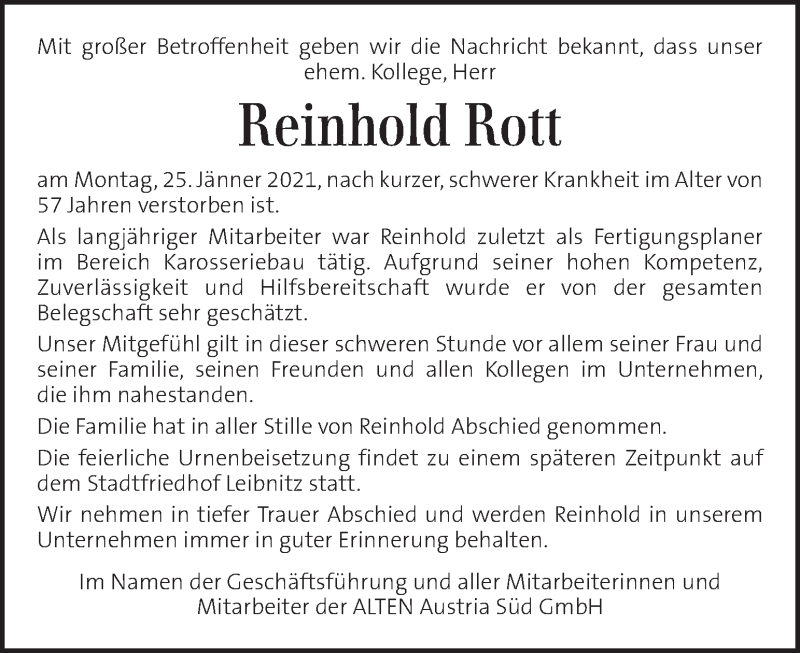  Traueranzeige für Reinhold Rott vom 04.02.2021 aus Kleine Zeitung