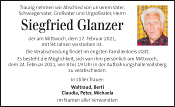 Traueranzeige von Siegfried Glanzer von Kleine Zeitung
