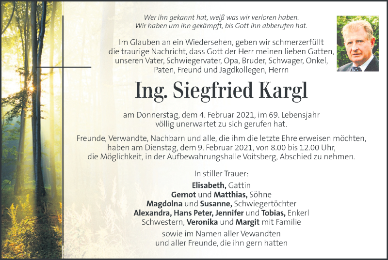  Traueranzeige für Siegfried Kargl vom 09.02.2021 aus Kleine Zeitung