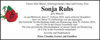 Traueranzeige von Sonja Ruhs von Kleine Zeitung