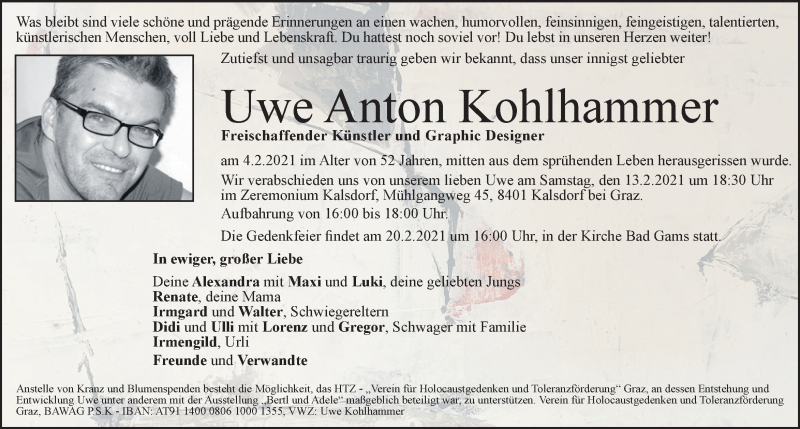  Traueranzeige für Uwe Anton Kohlhammer vom 10.02.2021 aus Kleine Zeitung