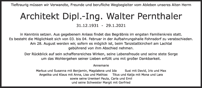  Traueranzeige für Walter Pernthaler vom 03.02.2021 aus Kleine Zeitung