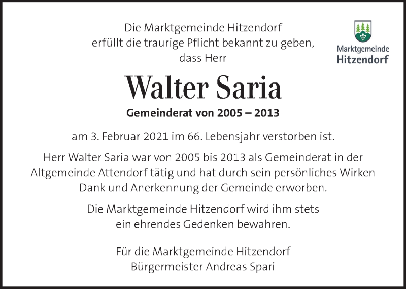  Traueranzeige für Walter Saria vom 09.02.2021 aus Kleine Zeitung