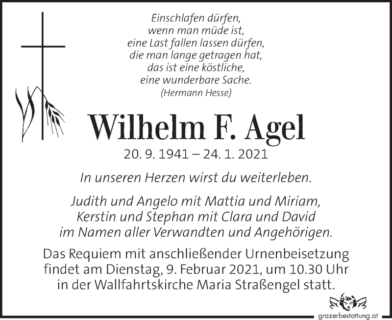  Traueranzeige für Wilhelm F. Agel vom 05.02.2021 aus Kleine Zeitung