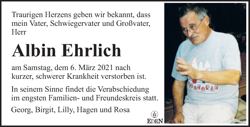  Traueranzeige für Albin Ehrlich  vom 10.03.2021 aus Kleine Zeitung