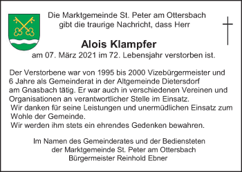 Traueranzeige von Alois Klampfer  von Kleine Zeitung