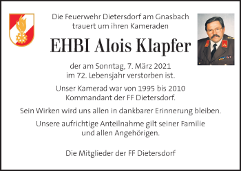 Traueranzeige von Alois Klampfer  von Kleine Zeitung