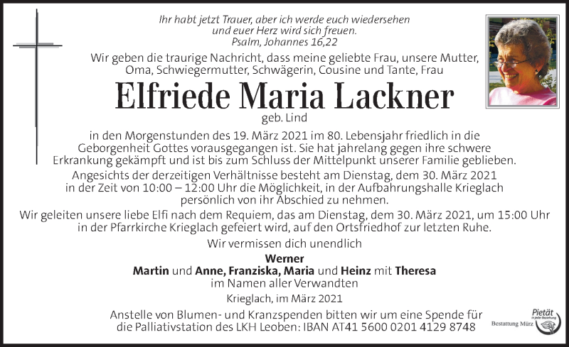  Traueranzeige für Elfriede Maria Lackner vom 28.03.2021 aus Kleine Zeitung