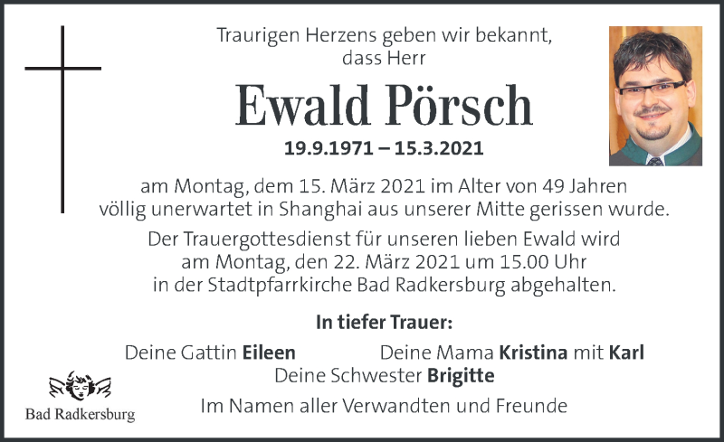  Traueranzeige für Ewald Pörsch vom 19.03.2021 aus Kleine Zeitung
