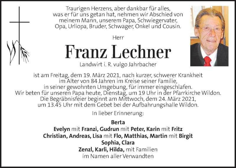 Traueranzeige für Franz Lechner vom 23.03.2021 aus Kleine Zeitung