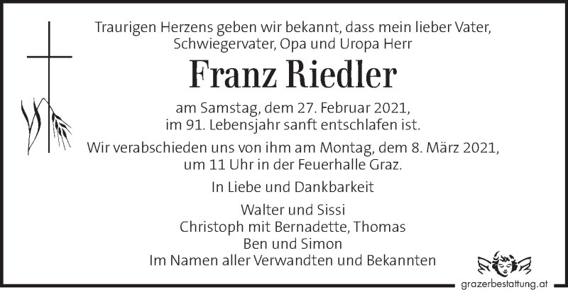  Traueranzeige für Franz Riedler vom 05.03.2021 aus Kleine Zeitung