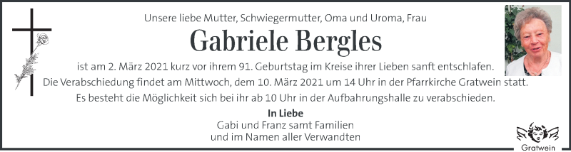  Traueranzeige für Gabriele Bergles vom 07.03.2021 aus Kleine Zeitung