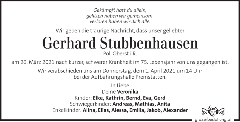  Traueranzeige für Gerhard Stubbenhausen vom 31.03.2021 aus Kleine Zeitung