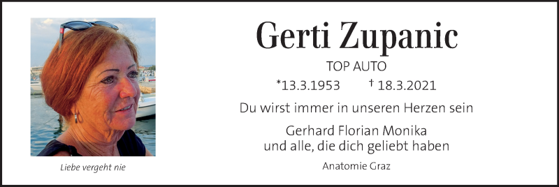  Traueranzeige für Gerti Zupanic vom 24.03.2021 aus Kleine Zeitung