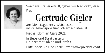 Traueranzeige von Gertrude Gigler von Kleine Zeitung