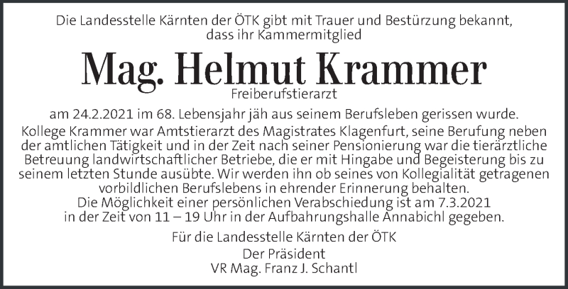  Traueranzeige für Helmut Krammer vom 03.03.2021 aus Kleine Zeitung