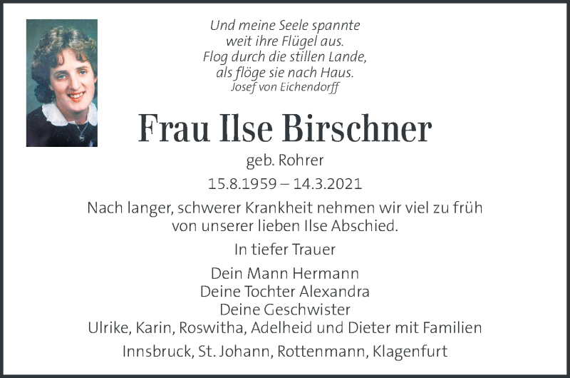  Traueranzeige für Ilse Birschner vom 20.03.2021 aus Kleine Zeitung