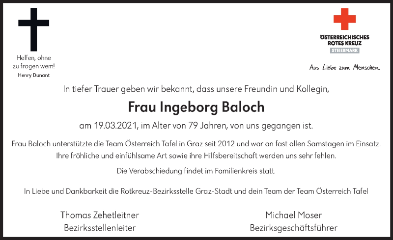  Traueranzeige für Ingeborg Baloch vom 28.03.2021 aus Kleine Zeitung