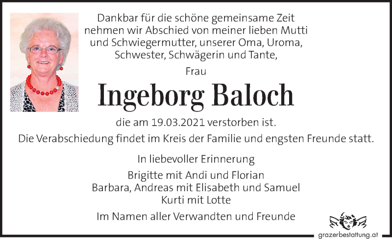  Traueranzeige für Ingeborg Baloch vom 28.03.2021 aus Kleine Zeitung