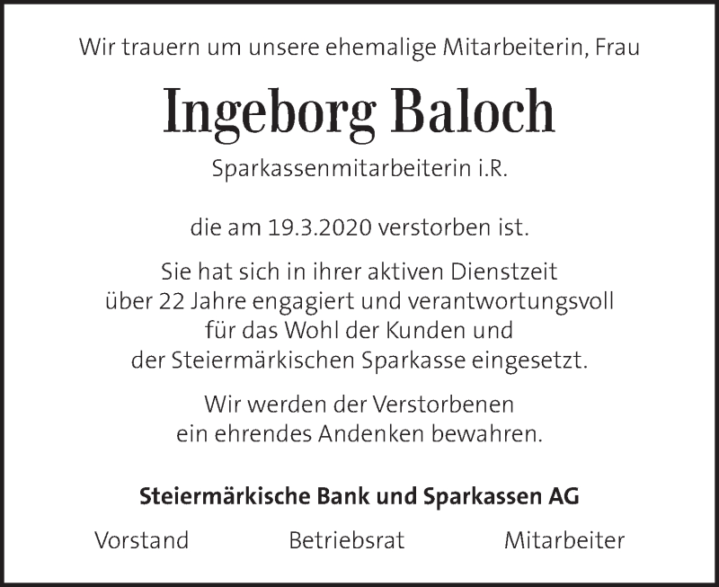  Traueranzeige für Ingeborg Baloch vom 30.03.2021 aus Kleine Zeitung