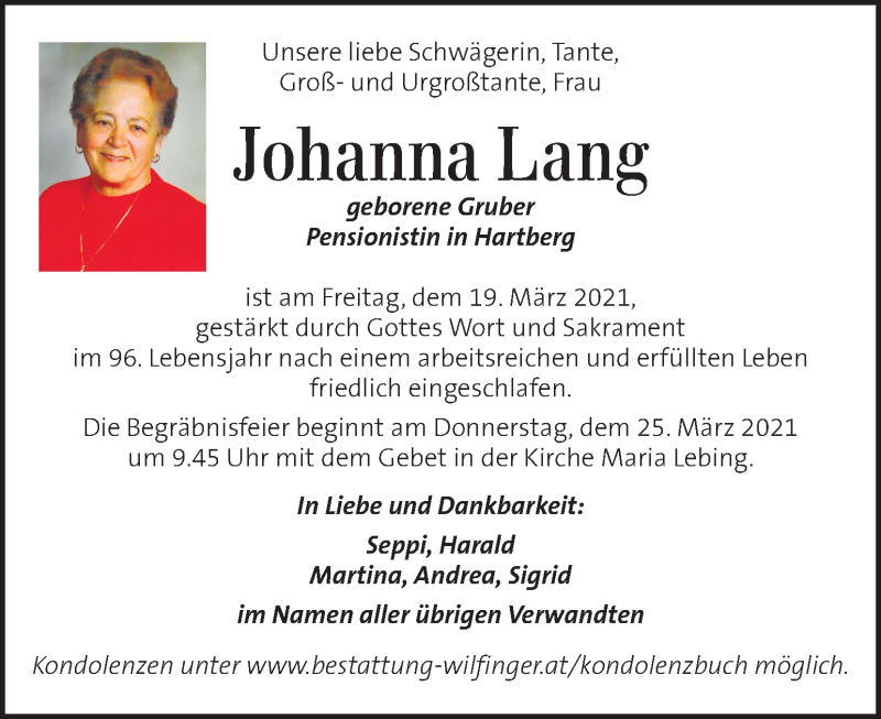  Traueranzeige für Johanna Lang  vom 23.03.2021 aus Kleine Zeitung