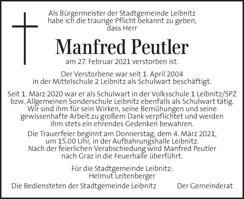  Traueranzeige für Manfred Peutler vom 03.03.2021 aus Kleine Zeitung