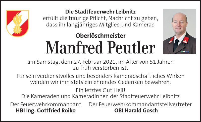  Traueranzeige für Manfred Peutler vom 03.03.2021 aus Kleine Zeitung