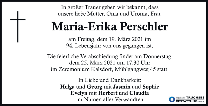  Traueranzeige für Maria-Erika Perschler vom 23.03.2021 aus Kleine Zeitung