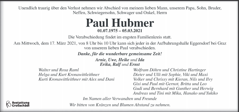 Traueranzeige für Paul Hubmer  vom 10.03.2021 aus Kleine Zeitung