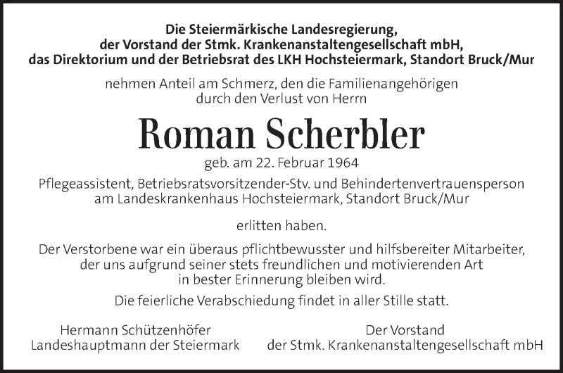  Traueranzeige für Roman Scherbler  vom 03.03.2021 aus Kleine Zeitung
