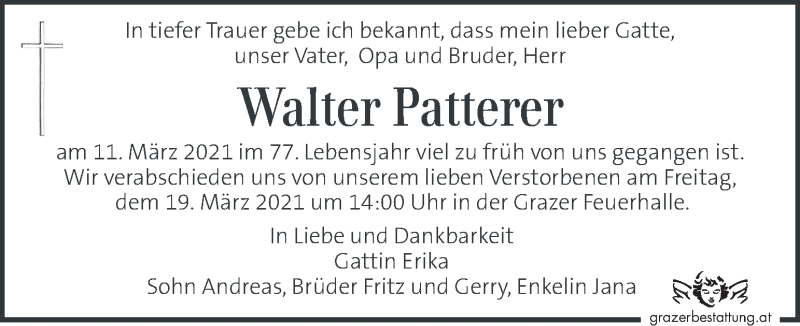  Traueranzeige für Walter Patterer vom 18.03.2021 aus Kleine Zeitung