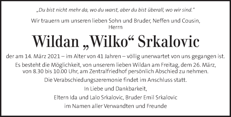  Traueranzeige für Wildan Srkalovic vom 21.03.2021 aus Kleine Zeitung