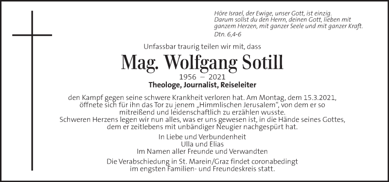  Traueranzeige für Wolfgang Sotill vom 18.03.2021 aus Kleine Zeitung