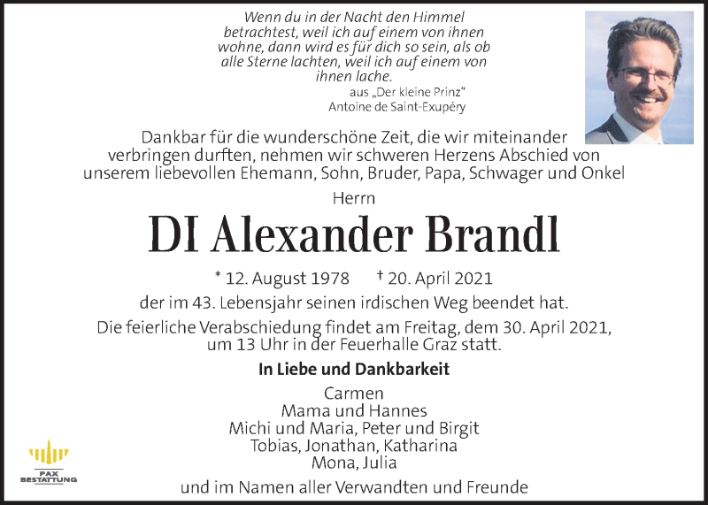  Traueranzeige für Alexander Brandl vom 27.04.2021 aus Kleine Zeitung