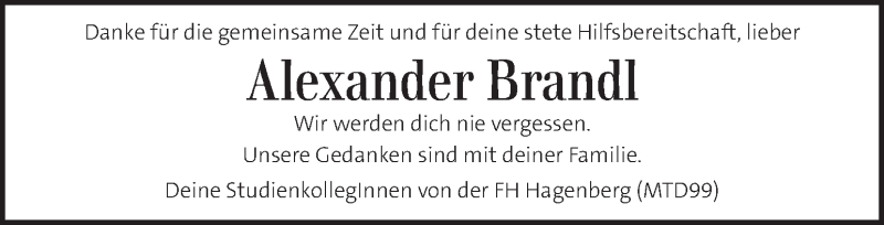  Traueranzeige für Alexander Brandl vom 27.04.2021 aus Kleine Zeitung