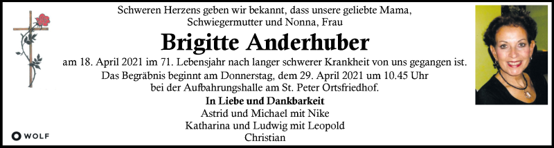  Traueranzeige für Brigitte Anderhuber vom 24.04.2021 aus Kleine Zeitung
